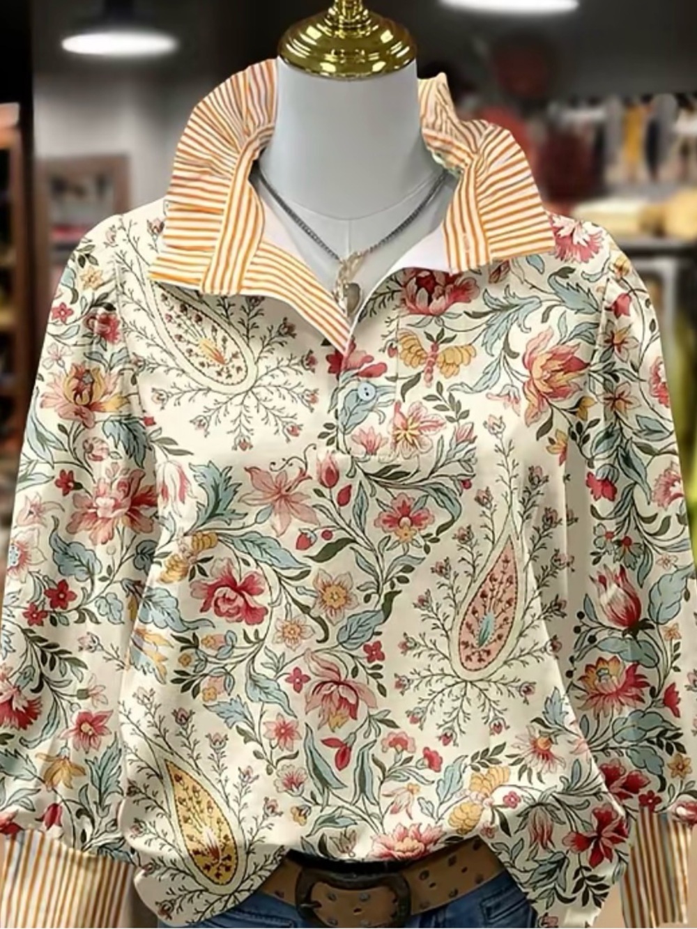 CherryBetty Vintage Paisley Floral Blouse in Cream with Multicolor Print
